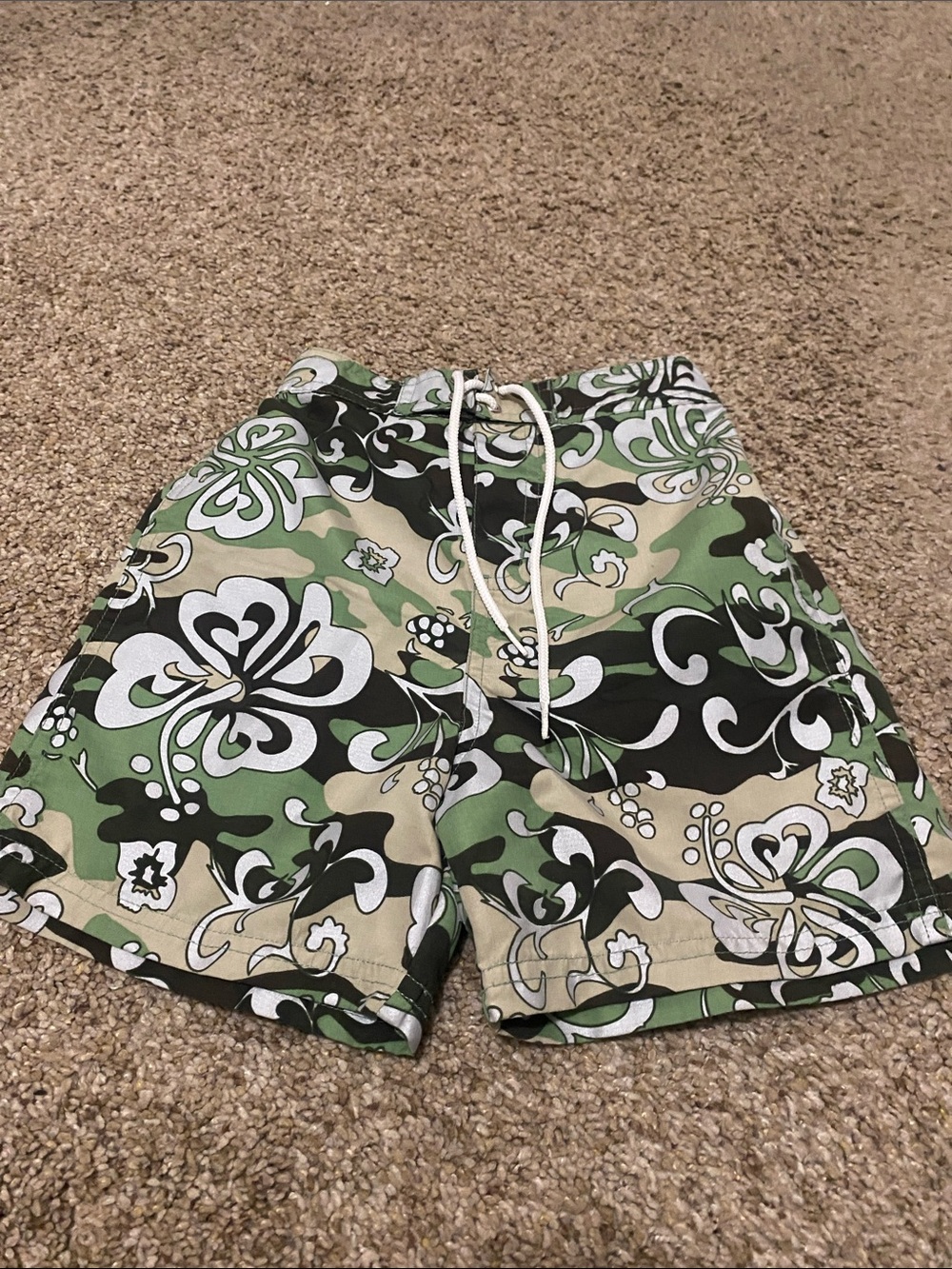 Kids Green Floral Camo Swim Shorts with Drawstring